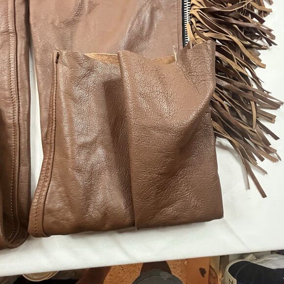 Vintage Sunrider Brown Fringe Beaded Chaps Size XXL Motorcycle Western Leather - Picture 11 of 14
